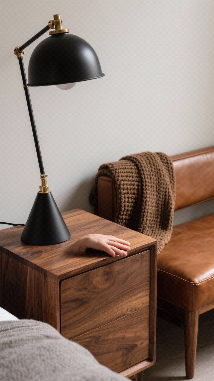Detail closeup: Intentional texture mix—hand resting spot on warm walnut nightstand edge next to a matte black metal lamp base, a tobacco-brown leather bench seat, and a chunky wool knit throw draped nearby. Soft light highlights the contrast of smooth leather, grainy wood, and tactile knit; black as dominant metal with a hint of brushed brass accent.