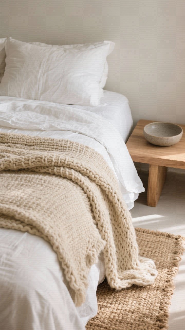 Detail closeup: Layered textures on a bed—crisp white percale sheets, a natural linen duvet in sand, and a chunky knit throw in warm cream; next to the bed, a smooth oak bench and a matte ceramic stoneware dish; a jute rug peeks from below; soft side lighting emphasizes fabric weave and material contrast, photorealistic.