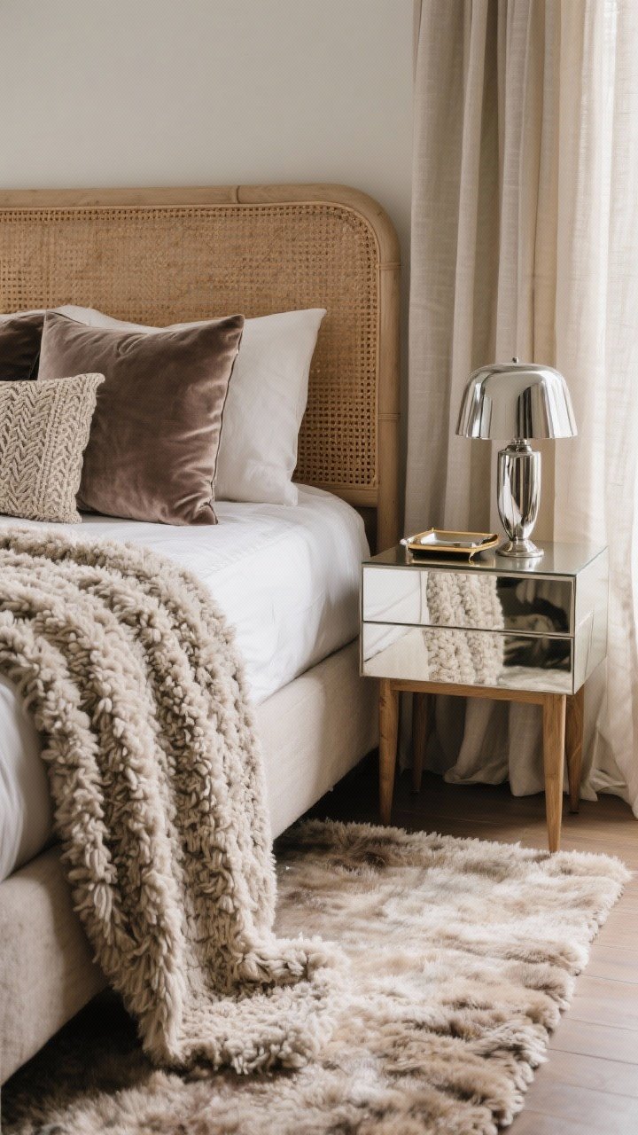 Detail closeup: Layered textures on a bed end and nightstand—boucle or faux fur throw draped over the foot of the bed, velvet pillows in muted tones, a plush area rug beneath, with a rattan headboard and linen curtains in frame; include a shiny element like a small mirrored tray and a metal lamp base; soft, cozy lighting that emphasizes fabric weave and tactile contrast.