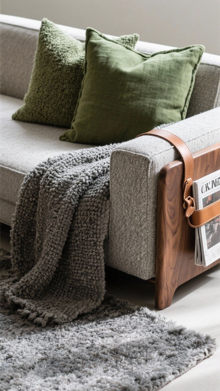 Detail closeup: Layered textures on a sofa corner—linen green pillows, a bouclé grey cushion, and the edge of a heathered grey wool rug below. Include a walnut armrest and a small loop of tan leather magazine sling peeking in, all lit by soft natural light to emphasize fabric weaves and wood grain. Mood: tactile, cozy, curated.