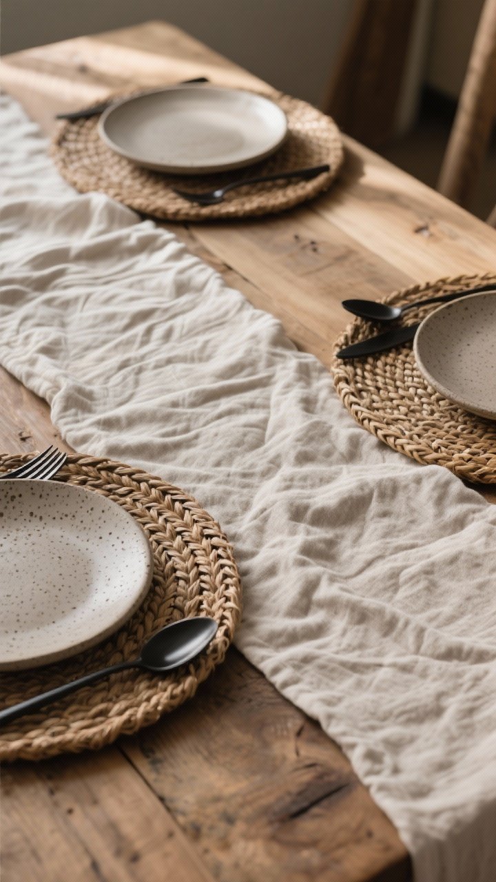Detail closeup: Layered textures vignette on a dining table—soft wrinkled linen runner over raw wood, woven rattan chargers beneath stoneware plates in a warm greige, and matte black flatware neatly placed; subtle natural light raking across the surfaces to emphasize linen weave, jute-like fibers, ceramic speckle, and brushed metal finish.