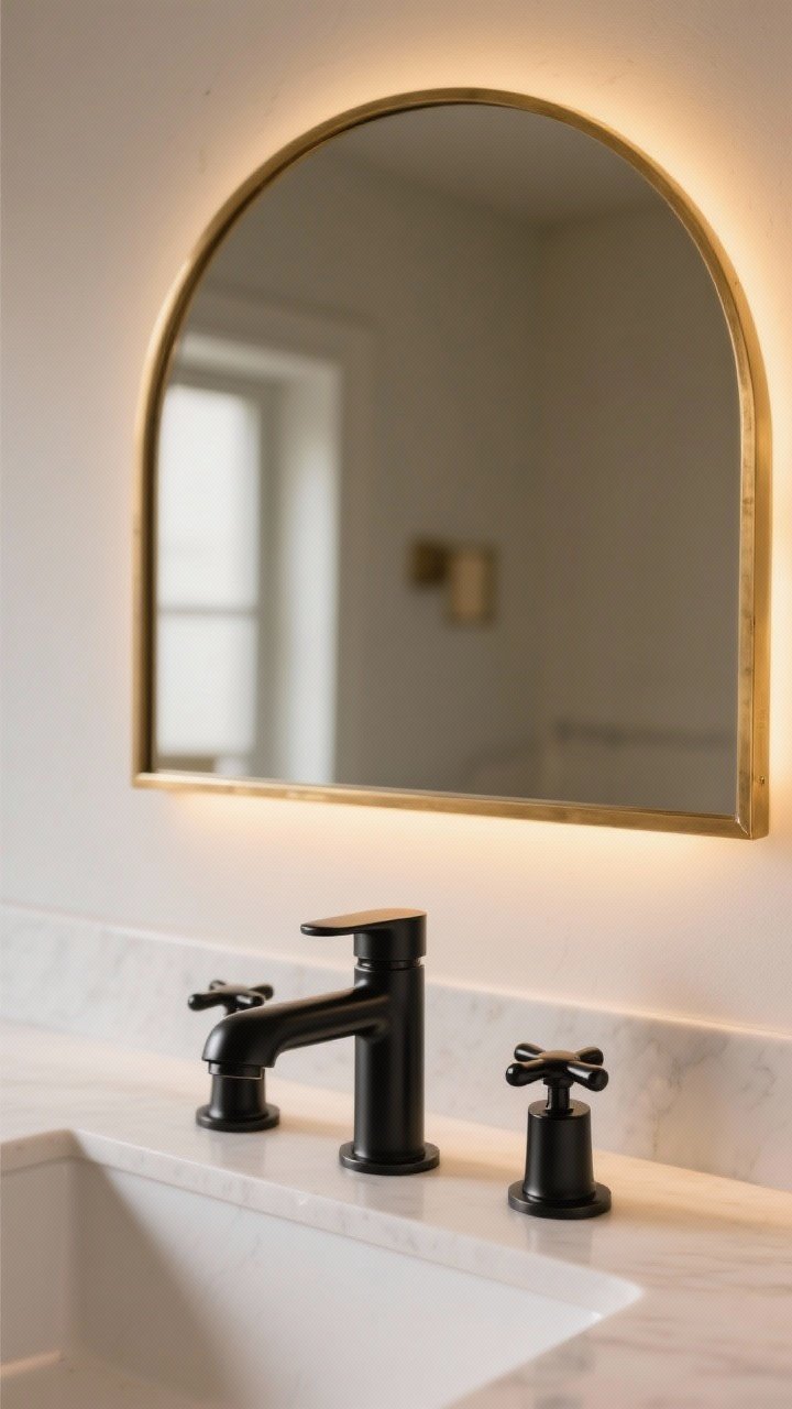 Detail closeup: Matte black widespread faucet set against a soft white vanity top, paired with an arched brass-framed mirror above; warm LED glow (2700–3000K) softly reflecting off the brass. Neutral wall tone, crisp contrast, photorealistic metal textures.