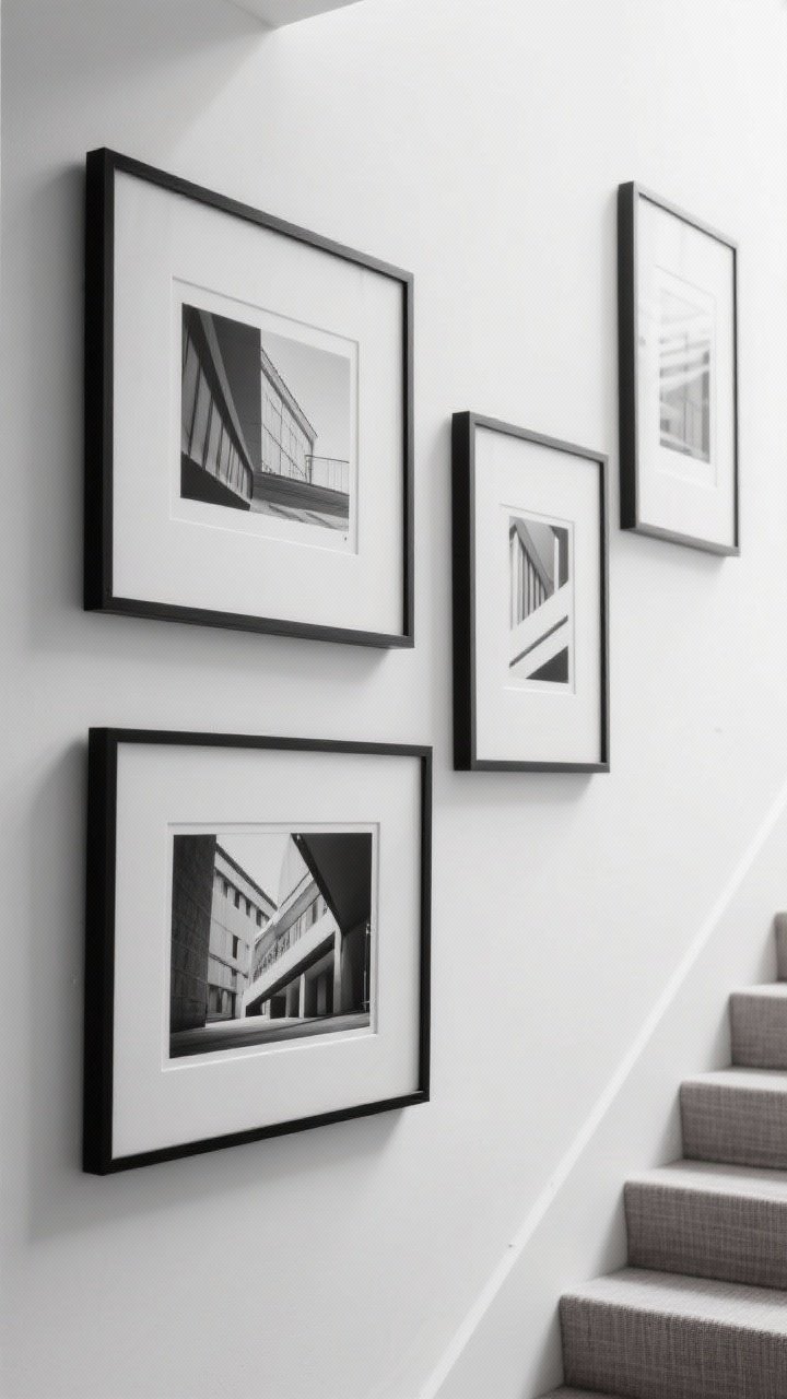 Detail closeup: Monochrome black-and-white photography in black frames on a crisp white stair wall. Varying frame sizes and mat widths, with a linen-textured mat adding subtle depth. The motif focuses on architectural shots. Gentle shadowing emphasizes texture, minimal and refined, photorealistic.