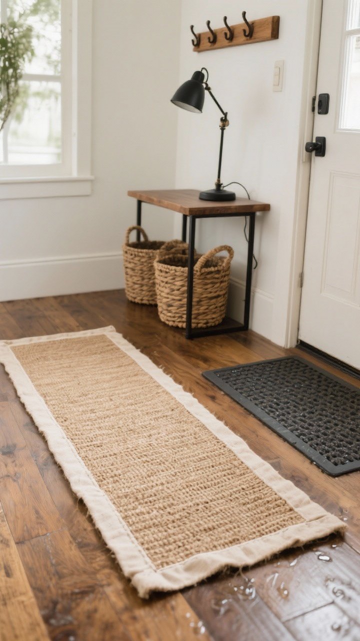 Detail closeup: Natural fiber runner in jute with a tailored canvas border on a hardwood entry floor, shot at a shallow angle to show earthy texture. Include the corner of a water-resistant mat by the door, woven baskets under wall-mounted wood hooks, and a black metal table lamp on a small console in the background. Soft, diffused daylight for a grounded, organic feel.