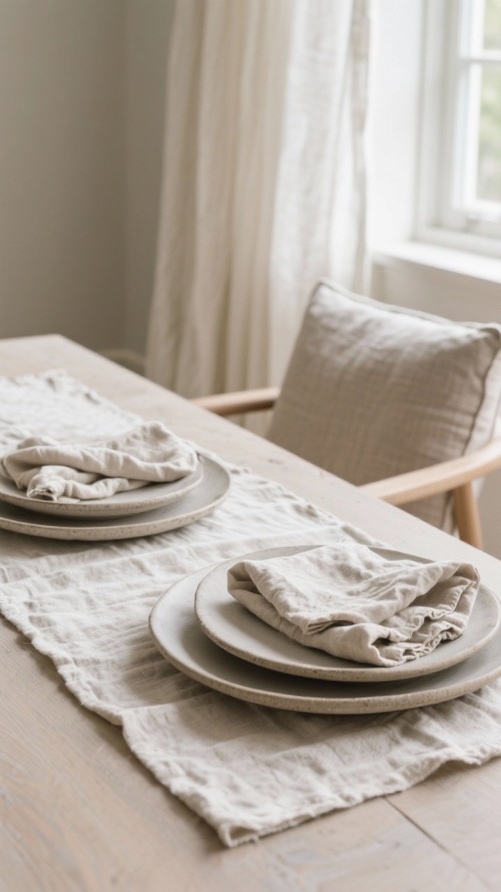 Detail closeup: Natural linens focus—crinkled neutral linen napkins loosely folded atop simple stoneware plates, a relaxed linen runner beneath, and pinch-pleat off-white drapes softly pooling by a nearby window; a chair cushion in a stain-resistant performance fabric peeks into frame; diffuse daylight highlighting soft texture.