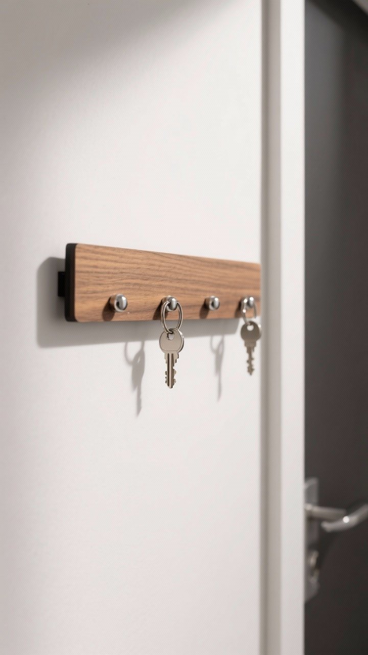 Detail closeup of a horizontal wood-faced magnetic strip mounted on a white wall in a small apartment entry, holding keys via tiny carabiners and magnetic key rings; sleek, modern look with low profile; strong directional side light highlighting the wood grain and the metallic sheen of key rings; subtle adhesive mounting hinted by clean edges (no visible screws); high-tech feel without being cold.