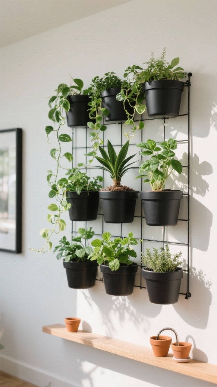 Detail closeup of a living wall grid: wall-mounted planters in a consistent matte black finish holding pothos with trailing vines, a compact ZZ plant, and sunlit herbs like basil, mint, and thyme; planters arranged in a neat rectangle over a light wall; a narrow picture ledge below corrals small terracotta pots for easy watering; bright natural light, crisp shadows, no people, fresh and lively mood
