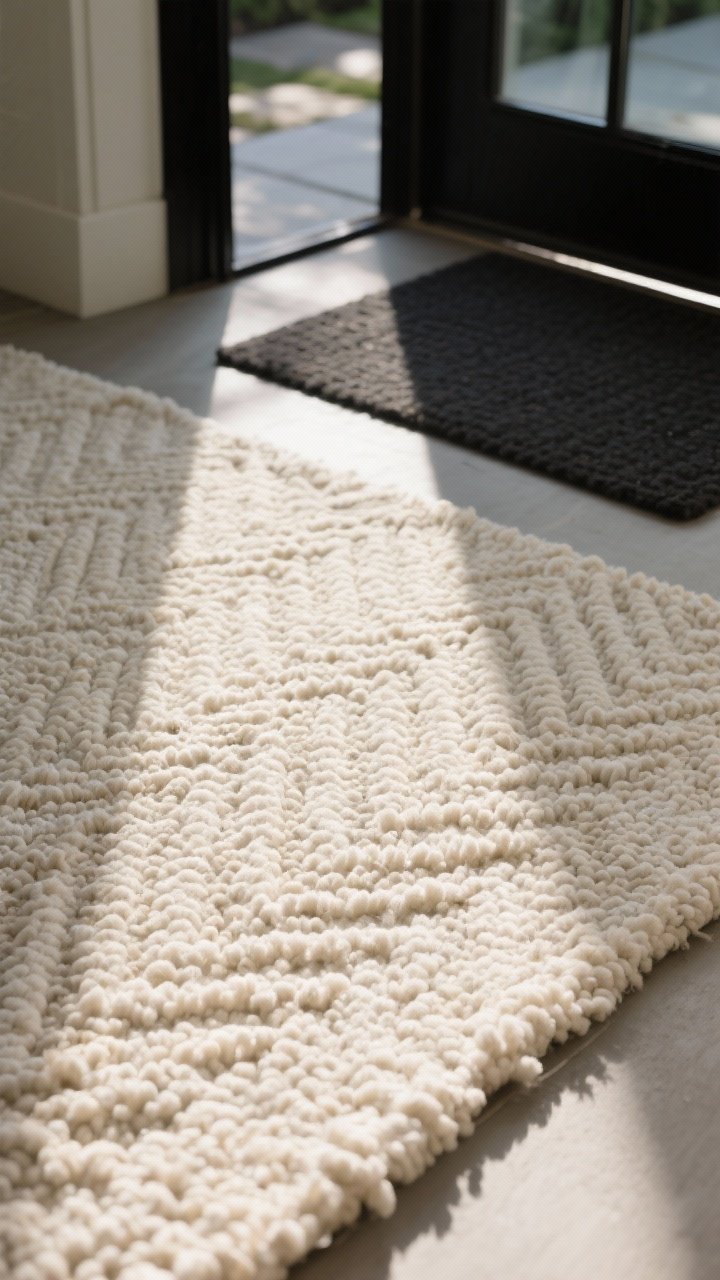 Detail closeup of a neutral, nubby entry rug texture: creamy flatweave with bouclé mini loops and a subtle herringbone in beige-on-ivory; raking natural light revealing the tactile weave; edge of a dark outdoor doormat visible beyond the threshold to protect the light tones; calm, elevated mood without bold color.