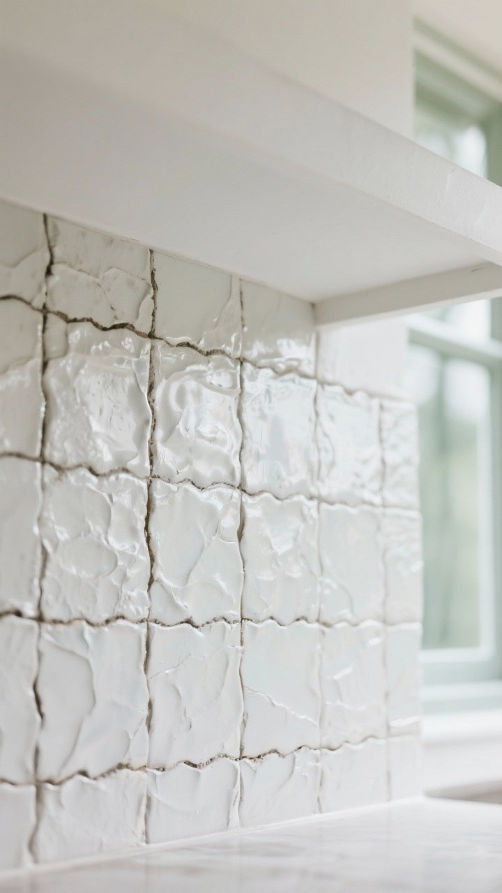 Detail closeup of a textured backsplash: handmade off-white zellige tiles with slightly darker grout accentuating the irregular edges; the tile runs to the ceiling behind a window; soft whites and pale gray-green tones nearby; subtle reflections on the uneven glaze, photorealistic macro texture capture.