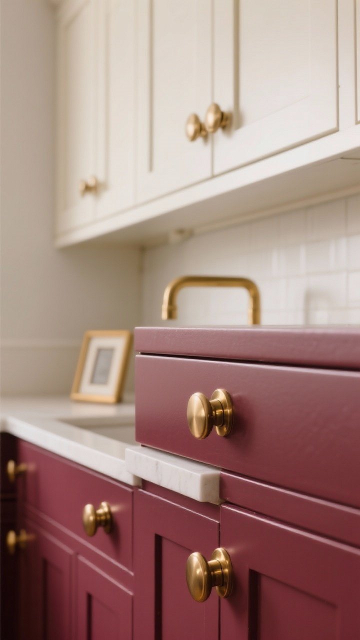 Detail closeup of cabinetry fronts showing brushed brass knobs and pulls against burgundy-painted lower cabinets, with white/cream uppers out of frame; soft, diffused lighting to emphasize the gentle sheen of brushed brass instead of high polish; clean, modern hardware shapes; hints of coordinating brass in a nearby faucet and a small frame on the counter for cohesion.