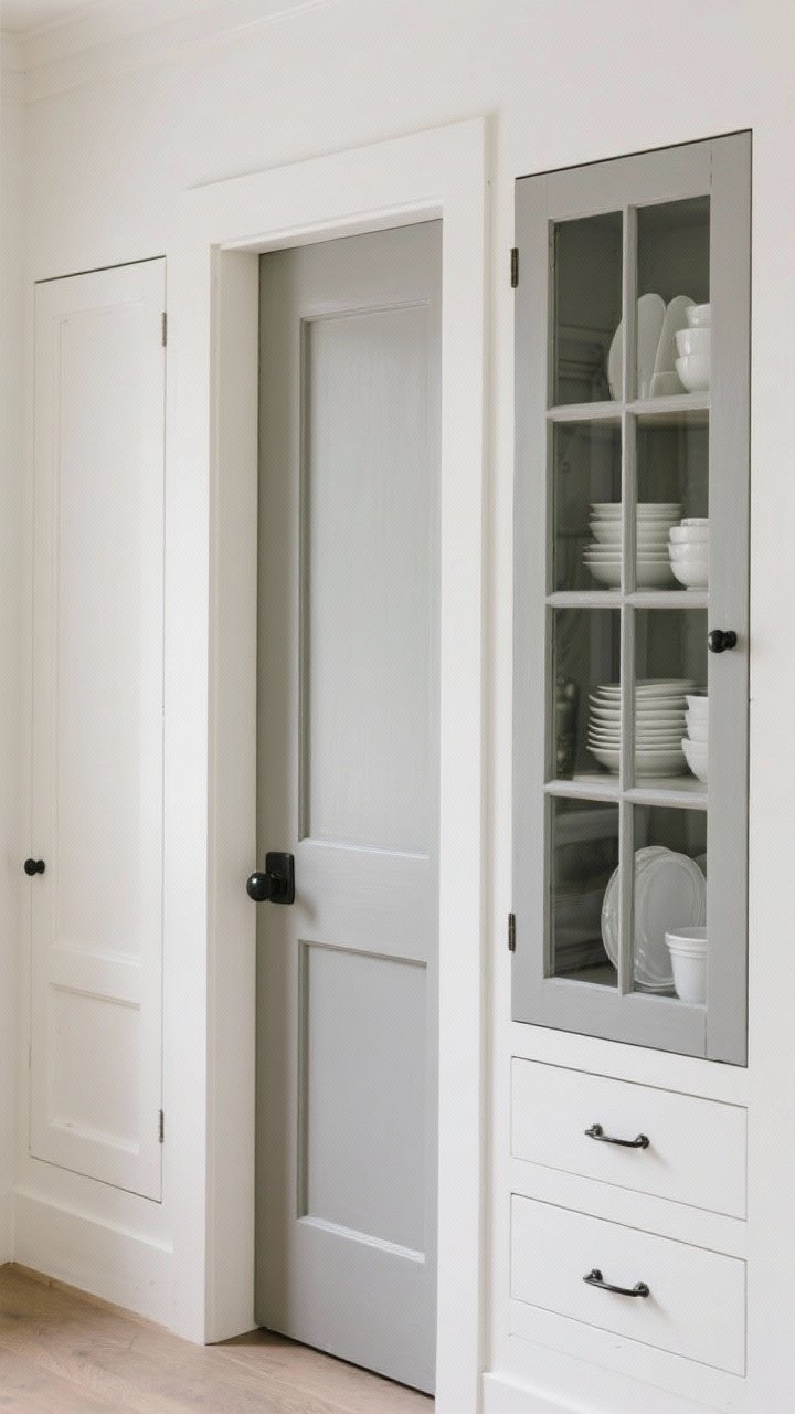 Detail closeup of contrasting frames and doors: inset Shaker-style cabinetry with ivory-painted frames and greige doors; one cabinet features a glass front with painted frame, showing neatly arranged white dishes inside; satin sheen on frames, matte on doors; black hardware kept consistent, no third color; soft side lighting accentuates the frame-door contrast.