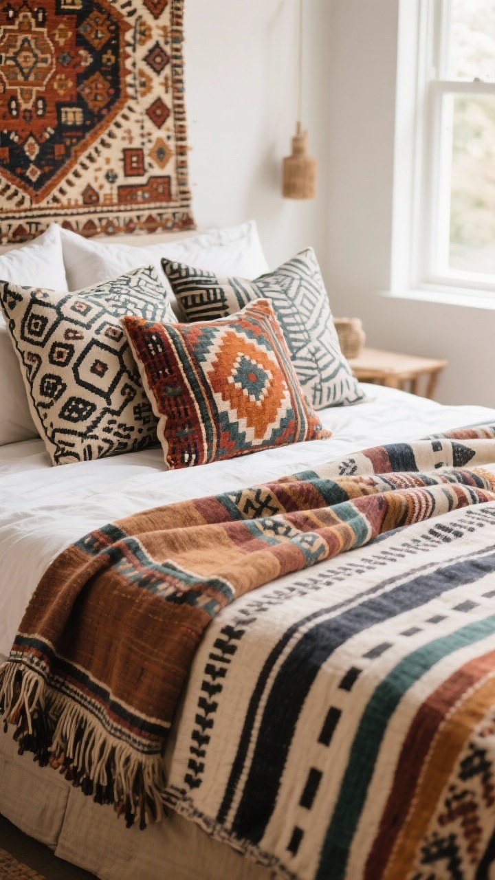 Detail closeup of coordinated global patterns: block prints and stripes in a two-to-three-color palette draped over the bed edge and stacked pillows; kilim pillow paired with a mud cloth throw; one bold suzani textile partially in frame with quieter basics around it; varied scales (one big, one medium, one small print); diffused window light; photorealistic.