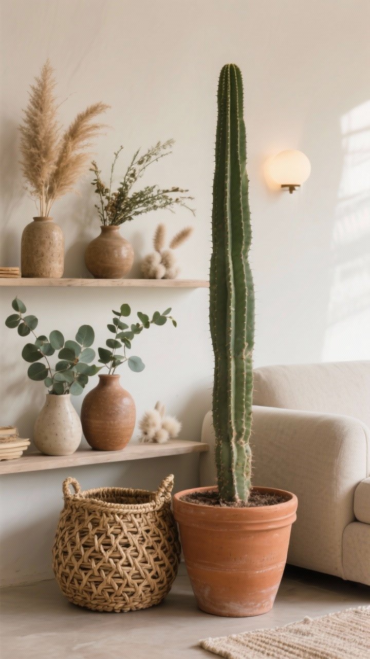 Detail closeup of desert greenery: a tall cactus in a terracotta pot as the statement plant beside a sofa, braided seagrass basket planter nearby, and a shelf vignette with dried pampas, eucalyptus, and bunny tails arranged in ceramic vases; soft, natural side lighting accentuating muted greens and warm browns.