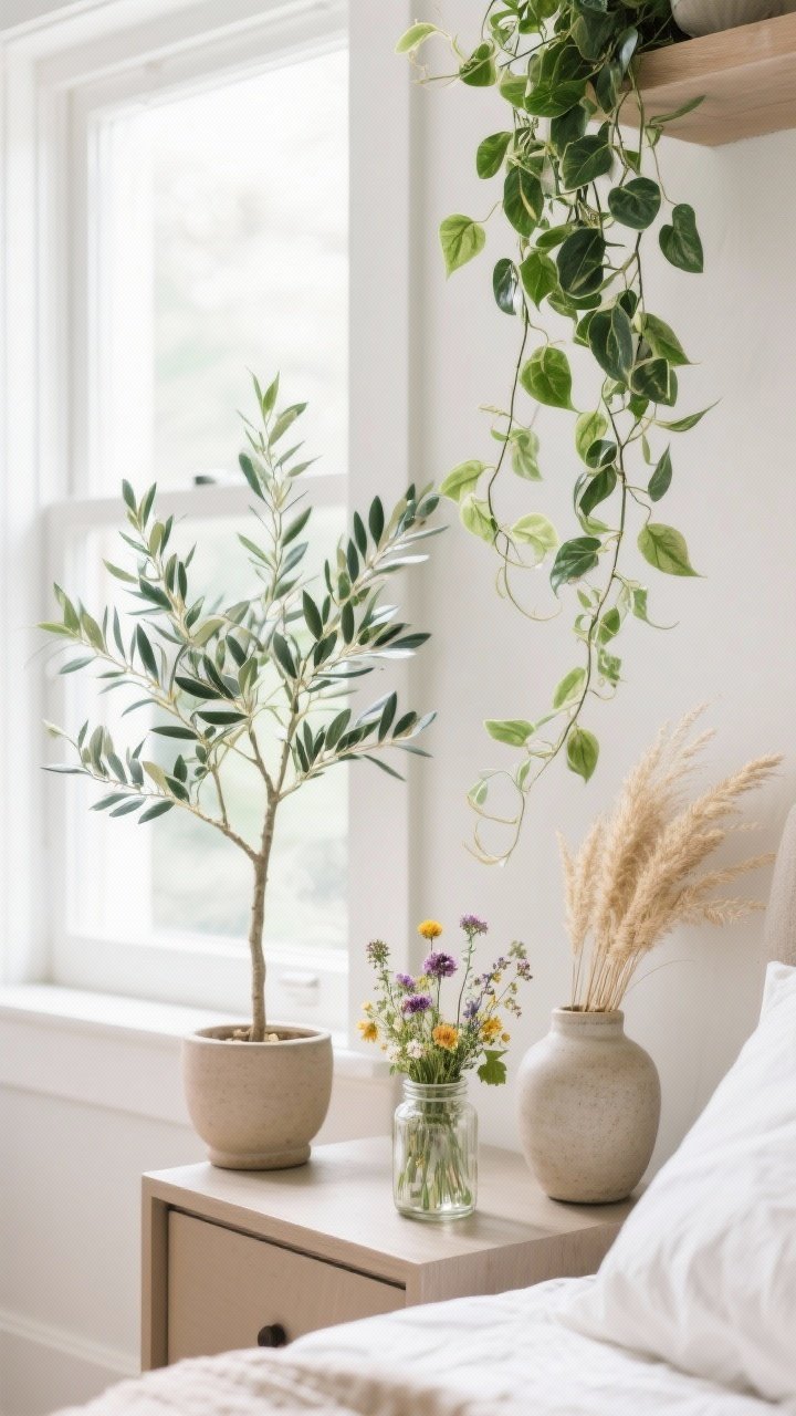 Detail closeup of fresh greenery moments: trailing pothos draping from a shelf, a slender olive tree (real or faux) in a neutral pot near the window, and a small jar with market wildflowers on the nightstand; optional dried grasses in a ceramic vase for low-maintenance charm; bright, natural light; no people.