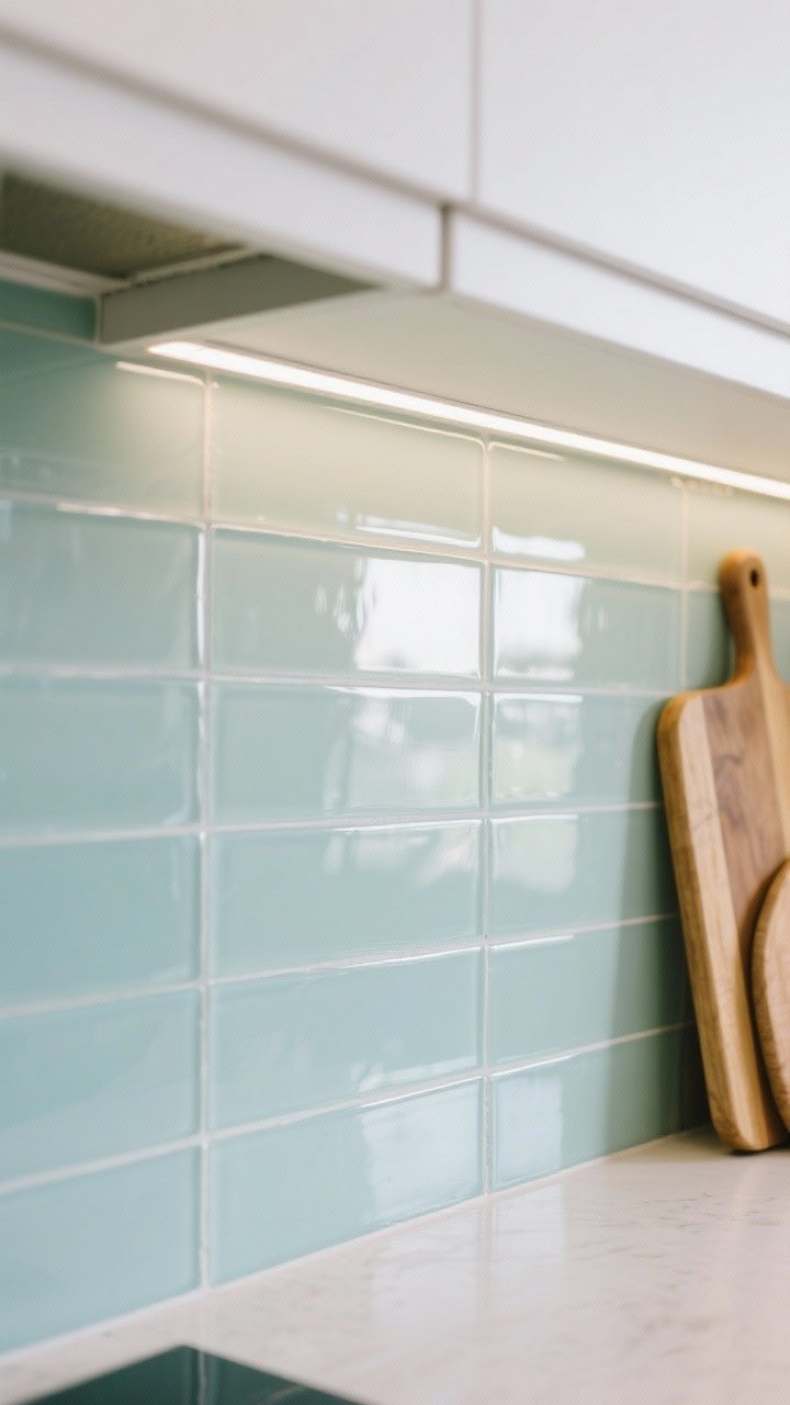 Detail closeup of glossy glass tiles in long, skinny 1x4 format, arranged in a clean stacked pattern. Tonal color in pale seafoam reflecting under-cabinet LED lighting for a luminous effect. Edge of white cabinets, warm wood cutting board on the counter to add warmth. Bright, reflective sparkle; photorealistic.