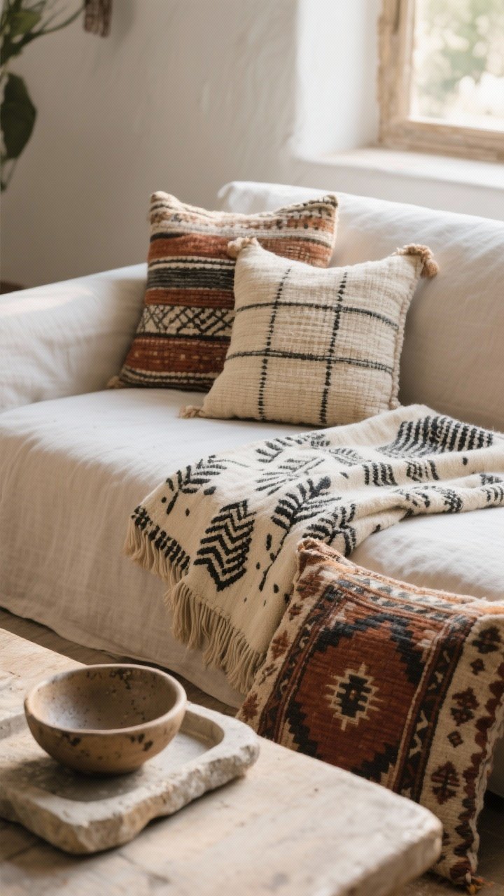 Detail closeup of handmade soul: handwoven pillows and a block-printed throw on a linen sofa, a small hand-thrown wabi-sabi ceramic bowl on a stone tray, and a vintage kilim cushion nearby. Imperfect textures, subtle color variations (sand, rust, charcoal). Soft morning light to bring out artisanal character.