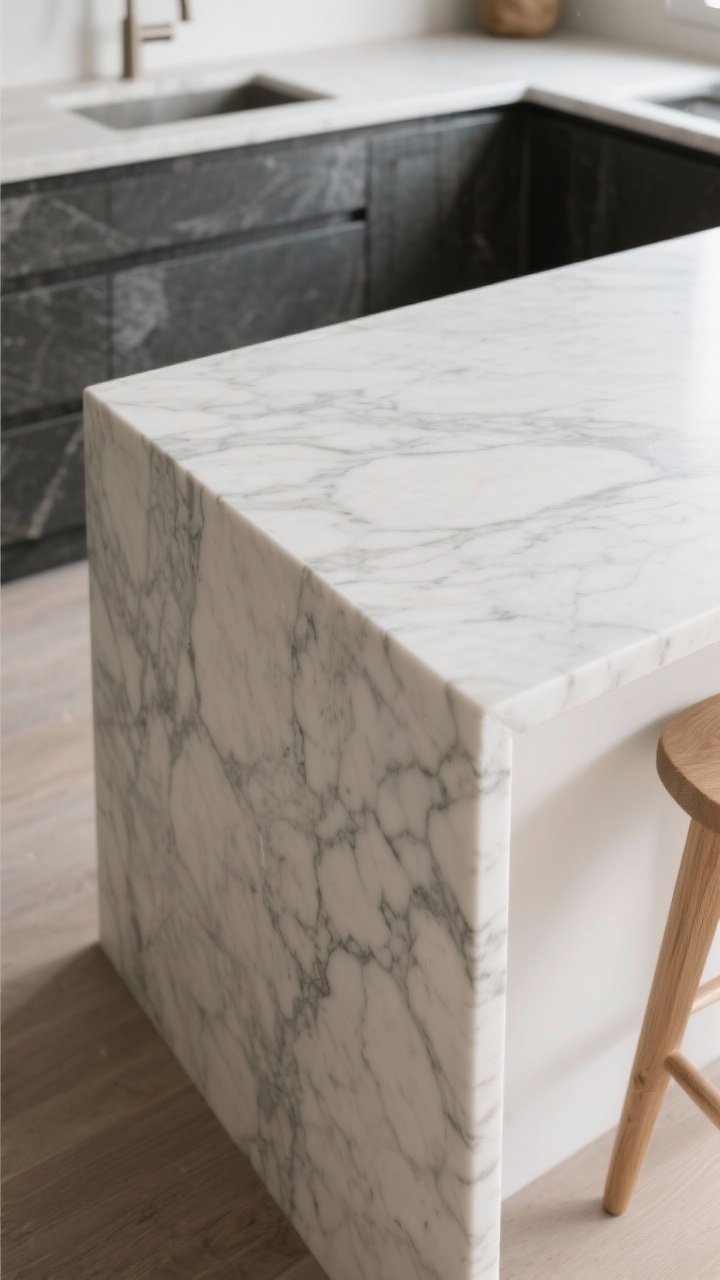 Detail closeup of honed stone countertops: a marble-look quartz surface with soft, restrained veining, eased edge profile, waterfall end cascading over a white oak island; contrasting darker soapstone perimeter counters visible in background; natural side light skimming to reveal the matte, velvety finish.