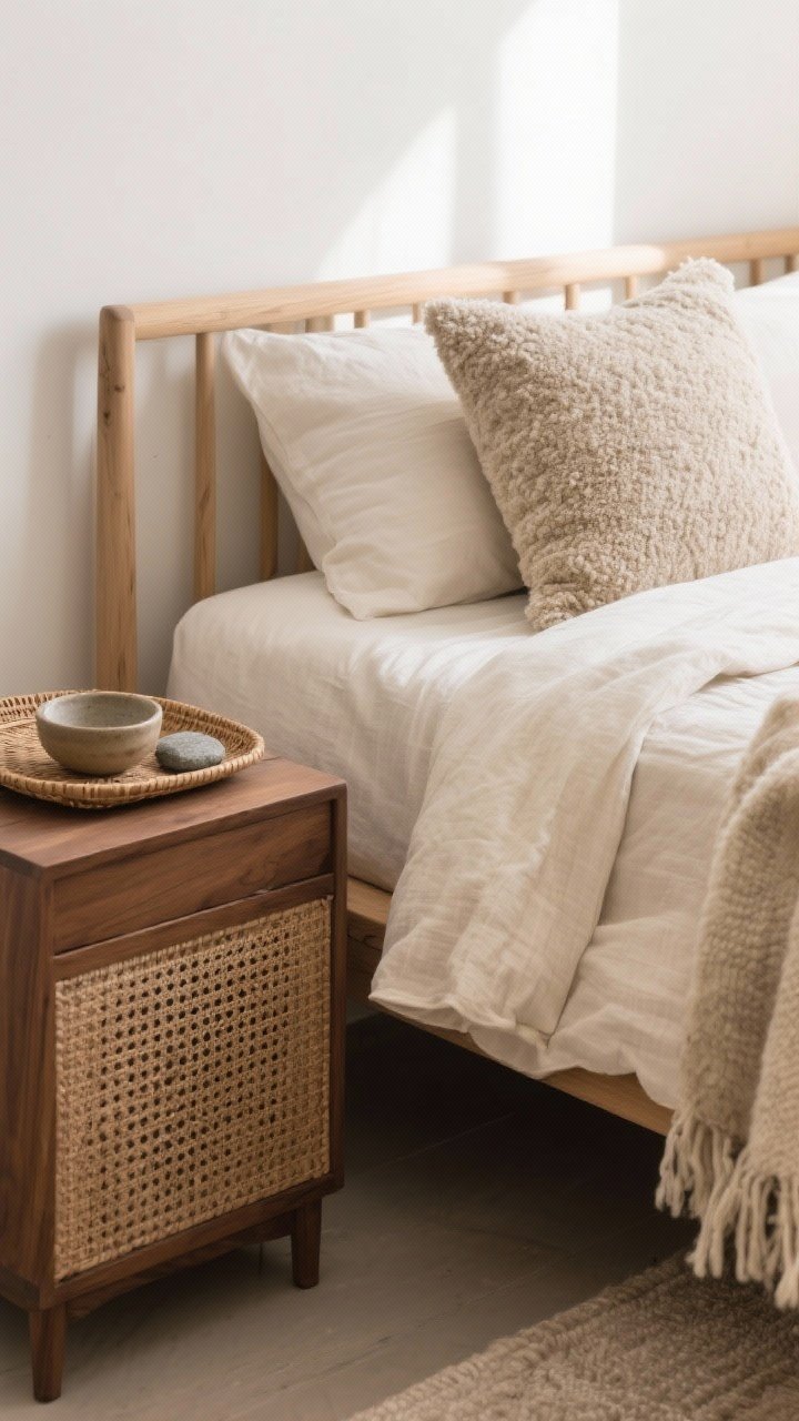 Detail closeup of layered natural textures on a bed corner and bench: creamy linen duvet, bouclé lumbar pillow, nubby wool throw draped over the edge, with a light oak bed frame and a walnut nightstand nearby; rattan tray holding a ceramic bowl and stone coaster; mixed matte and soft textures under diffused daylight, emphasizing contrast between soft fabric and rougher materials.