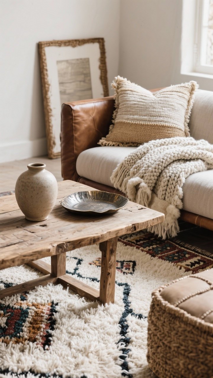 Detail closeup of layered textures in a seating zone: Beni Ourain-style shag rug beneath a raw wood coffee table, adjacent to a leather or linen sofa arm; chunky knit throw draped over the arm, a faux shearling throw folded nearby, handwoven cotton pillow, jute ottoman edge in frame; ceramic vase and hammered metal tray catching soft natural light to emphasize texture.
