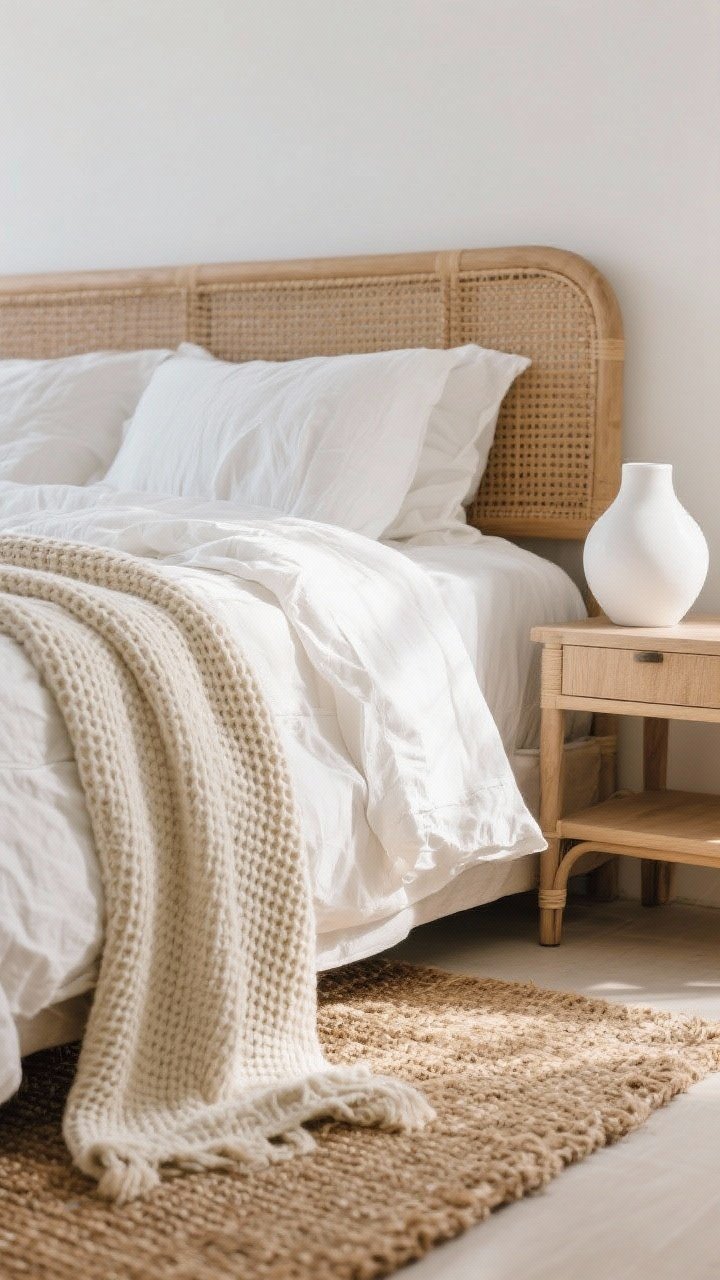 Detail closeup of layered textures: rumpled linen bedding in white, a waffle-knit throw in cream draped over the edge, a jute or sisal rug beneath, and the corner of a rattan or cane headboard; mix in a smooth white ceramic vase on the nightstand for contrast; soft side lighting highlighting fabric weave and natural fibers; coastal, tactile, photorealistic