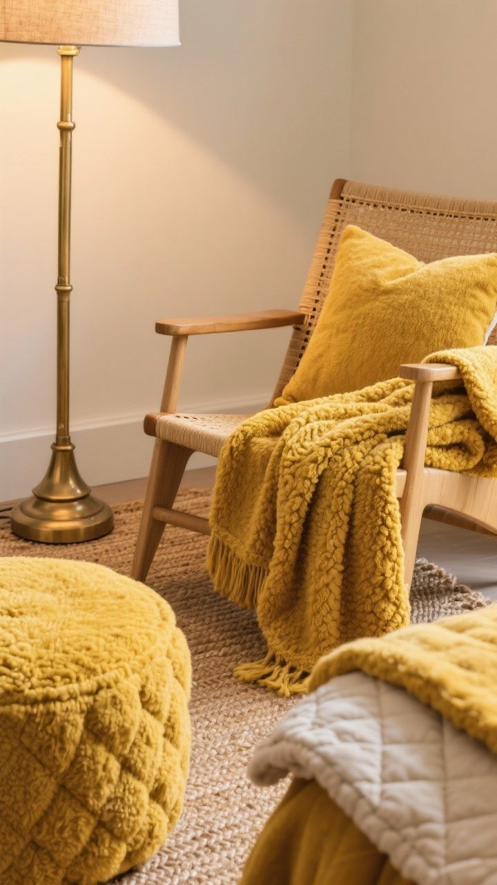 Detail closeup of layered yellow textures: brass floor lamp next to a yellow wool throw draped over a rattan chair, on a sisal rug. Add tactile elements—chenille pillow, boucle ottoman edge, and a quilted blanket corner in frame. Warm, cozy lighting highlighting materials; shallow depth of field to emphasize texture.