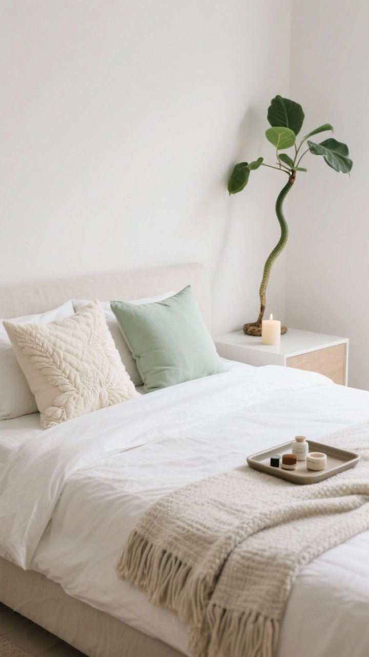 Detail closeup of light styling layers: two sleeping pillows plus two decorative in cream and pale green on crisp linen bedding, a single textured throw draped at the foot, a small tray corralling essentials on a nightstand, and one tall snake plant adding vertical greenery; subtle candle present; airy, uncluttered mood, photorealistic