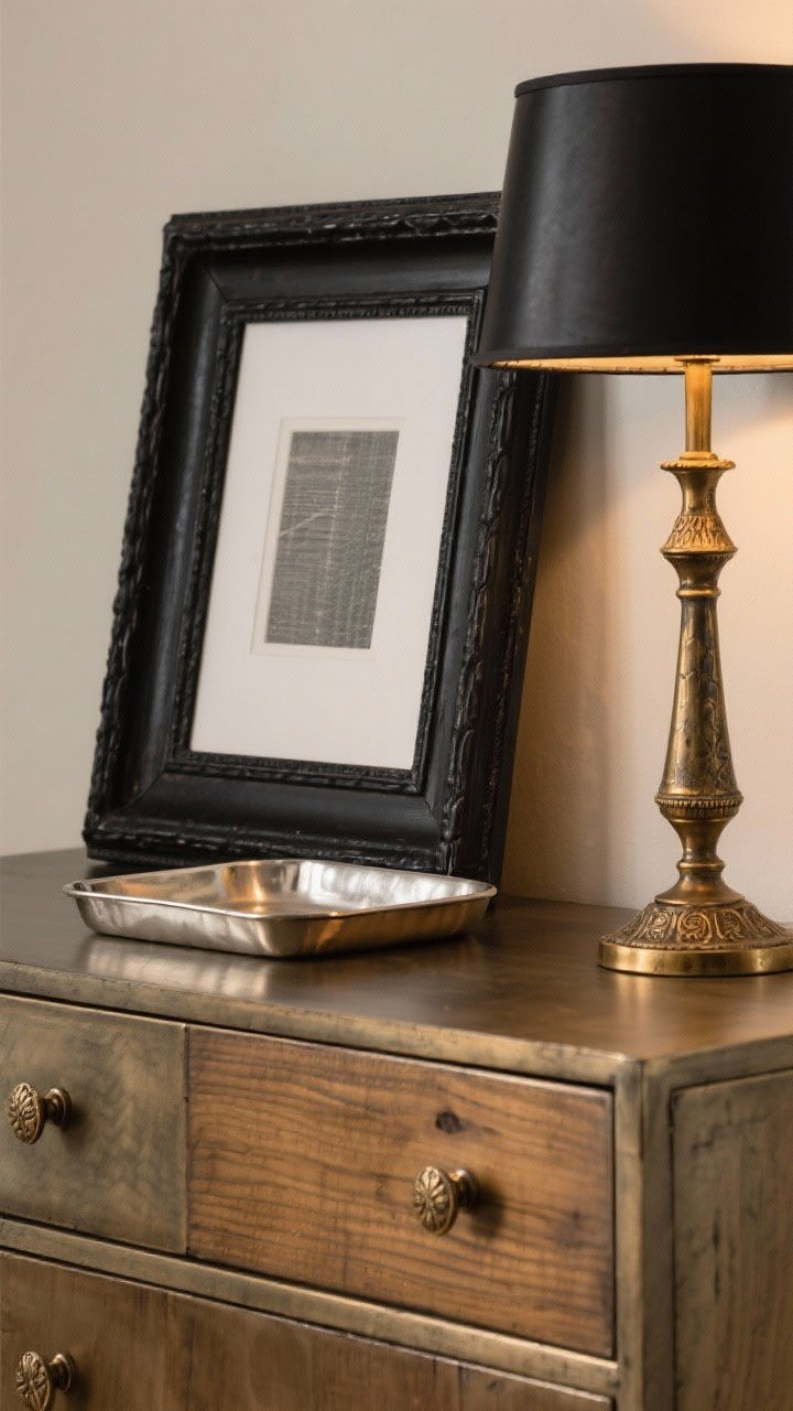 Detail closeup of mixed metals on a dresser top: dominant blackened steel picture frame and lamp base paired with antique brass drawer pulls and a brushed nickel tray; neutral backdrop with warm wood grain visible; side lighting to highlight the distinct finishes while keeping the black metal as the primary.