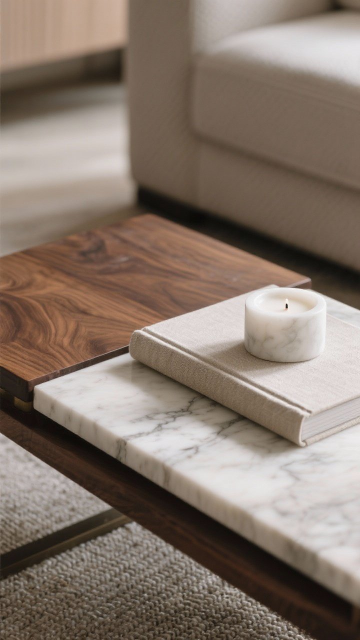 Detail closeup of mixed textures on a coffee table: wood + marble + linen combination. Show a walnut surface, a small round white marble candle, and a linen-bound book beneath. Emphasize tactile contrast with raking side light. Neutral palette; shallow depth of field to highlight grain, veining, and fabric weave.