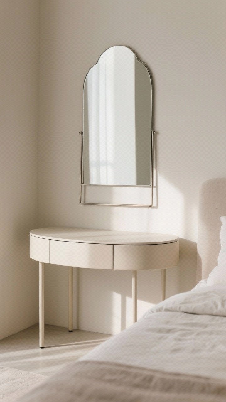 Detail closeup of rounded, slim-profile furniture: a pill-shaped bedside table with curved edges, thin tapered legs, and an arched mirror above; delicate metal frame and open base for visual lightness; gentle afternoon light, calm neutral materials, photorealistic