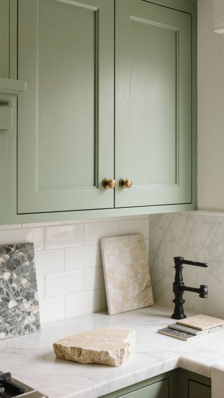 Detail closeup of sage green cabinet fronts with gray undertones, showing elegant paneling and aged brass cup pulls; adjacent materials include a tumbled marble sample, a soft white ceramic tile, and a small travertine piece laid out on the counter; creamy quartz and a slab of soapstone samples nearby; black accent hardware option included; calm, earthy mood with diffused daylight grazing the paint to reveal undertone; overhead styling view.