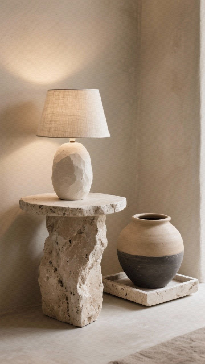 Detail closeup of stone, ceramic, and plaster accents: a travertine side table holding a plaster lamp with a linen shade, next to an unglazed ceramic vessel in matte sand and charcoal on a limestone tray. Neutral backdrop, warm highlights on edges to showcase weight and timeless texture. Soft, directional lighting.