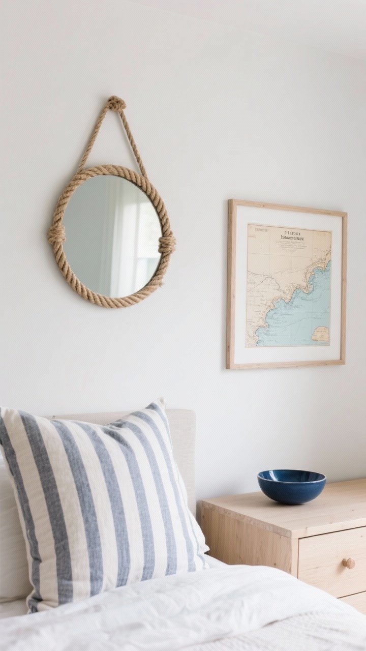 Detail closeup of subtle nautical touches: a thin-toned striped pillow on the bed, a mirror with rope detail hanging on the wall, a simple framed vintage-looking coastal chart, and a small navy accent bowl on a light wood dresser; clean lines, minimal motifs, no clutter; soft, even natural light; photorealistic