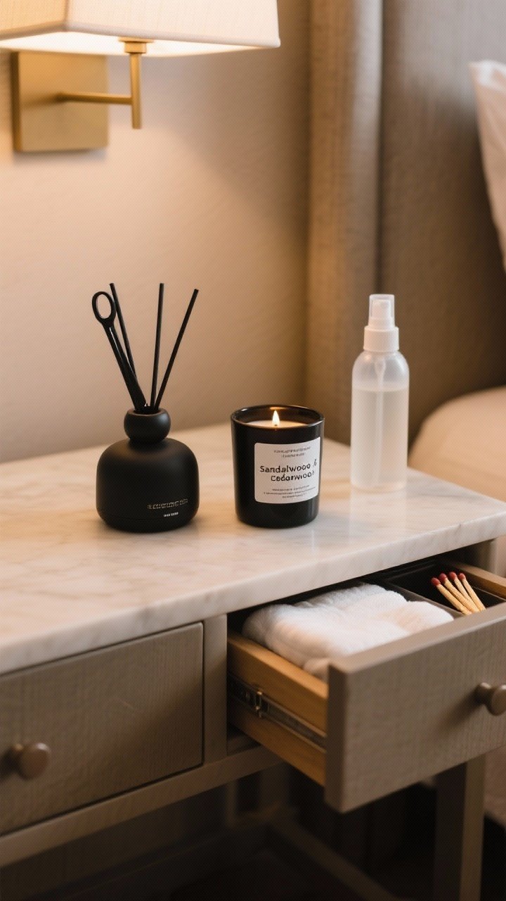 Detail closeup on dresser top: Scent vignette featuring a matte black rechargeable diffuser, a candle labeled sandalwood/cedarwood with a wick trimmer and matches tucked in a small drawer kit, and a linen spray bottle. Warm, cozy lighting evokes a boutique hotel mood.