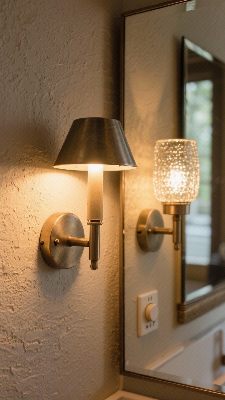 Detail closeup: Pair of side-mounted sconces at eye level, one with a metal shade and the other option shown with seeded glass, both casting warm 2700–3000K light beside a mirror; dimmer knob visible. Rich texture in the wall’s painted finish, flattering glow.