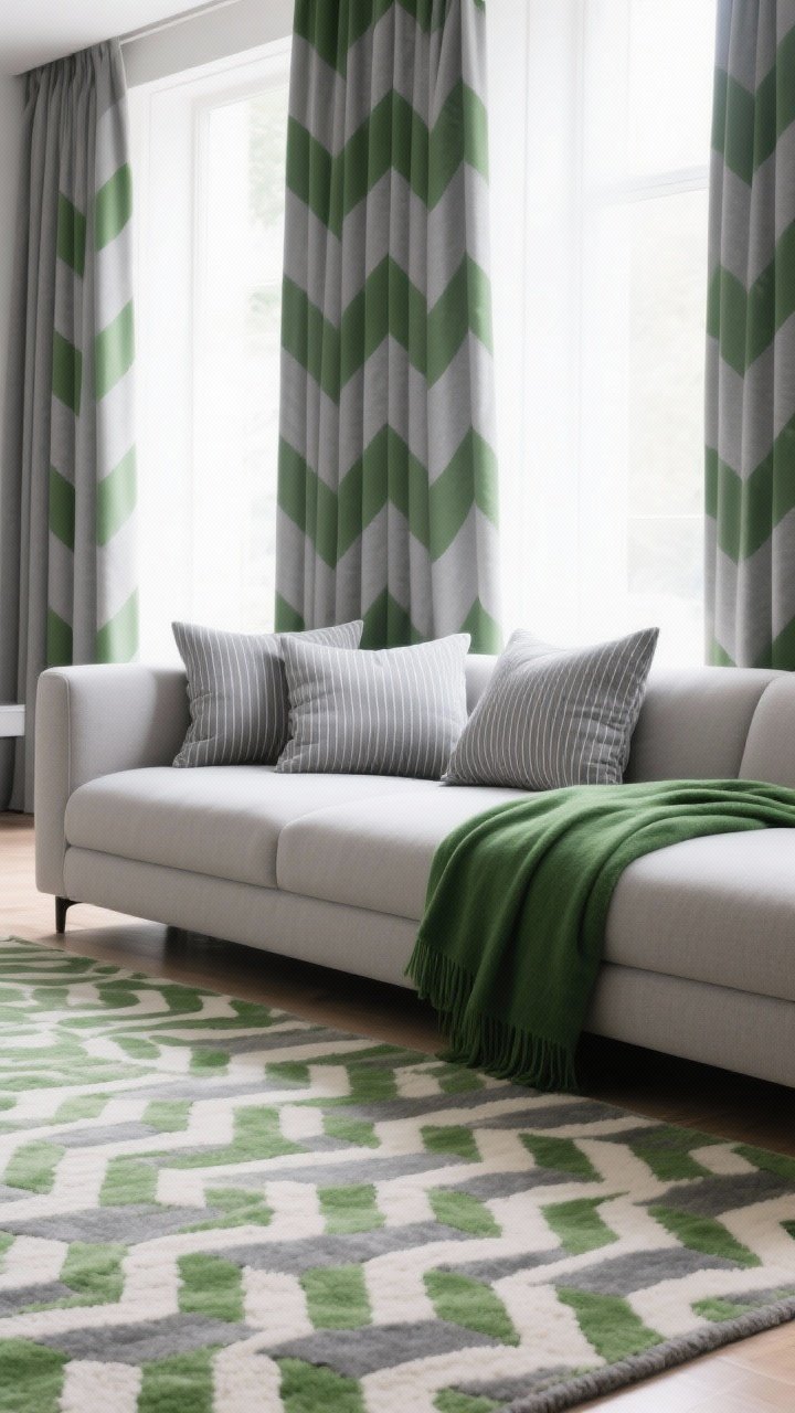 Detail closeup: Pattern play on a sofa setting—large-scale grey-and-green geometric rug beneath, small-scale striped grey pillows on the sofa, and a solid green throw. Pinstripe grey curtains in the background. Balanced repetition of green and grey elements placed three times in the scene. Bright but diffused daylight. Mood: cohesive, considered.
