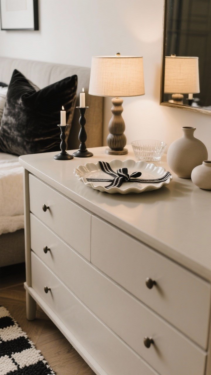 Detail closeup: Personality-forward micro-trends layered over a timeless base—neutral dresser top with a scalloped tray and ribbon-detailed lamp (coquette touch), a small checkerboard rug edge visible, dark candle holders and a velvet pillow hinting at soft goth glam, plus minimal neutral ceramics and a glass catchall (clean girl minimal); warm ambient light highlighting the mix without overwhelming the neutral foundation.
