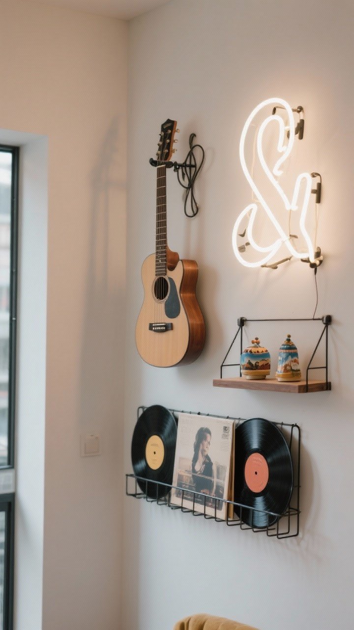 Detail closeup: Personality without theme overload—vinyl wall-mounted rack holding a few records, a sculptural guitar wall hook with a guitar hanging neatly, a warm white initials neon sign on the wall, and a small travel shelf with two carefully styled souvenirs. Clean, curated arrangement; warm ambient glow from the neon.