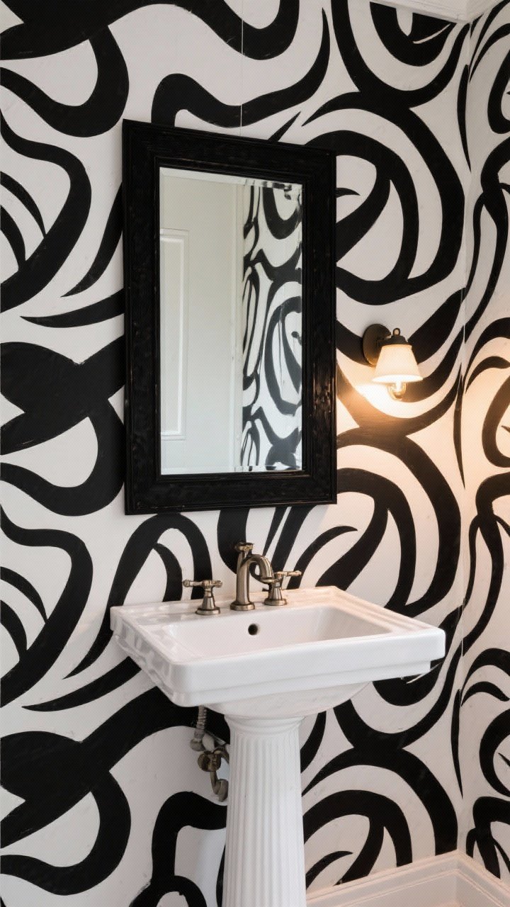 Detail closeup: Powder room wall in bold black-and-white patterned wallpaper—abstract squiggles with a modern vibe; moisture-resistant/vinyl look; grounded by a solid matte black framed mirror at center; white pedestal sink below; warm task lighting from a small sconce; tight framing to celebrate the pattern scale and grounding black element.