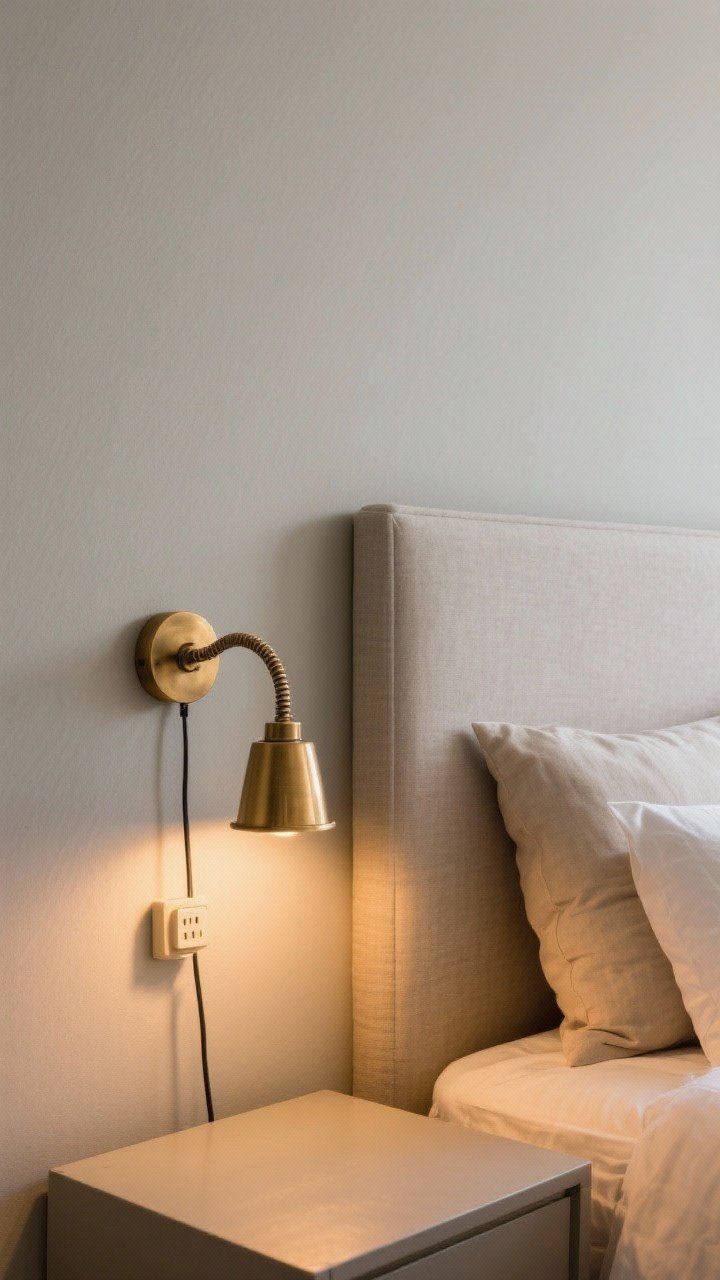 Detail closeup: Sculptural plug-in brass swing-arm sconce mounted at eye level beside a headboard, glowing at 2700K, with a painted cord cover blending into a soft greige wall. The warm pool of light falls onto linen pillows; matte brass finish reads like art, balanced on both sides of the bed. Nightstand kept clear, intimate and flattering light.