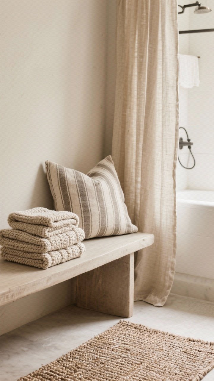 Detail closeup: Textiles vignette—chunky weave neutral bath towels stacked on a bench with a striped lumbar pillow, a thicker linen shower curtain draping gracefully, and a cotton rug layered over a flatweave mat. Tactile fabric textures emphasized under soft ambient light.