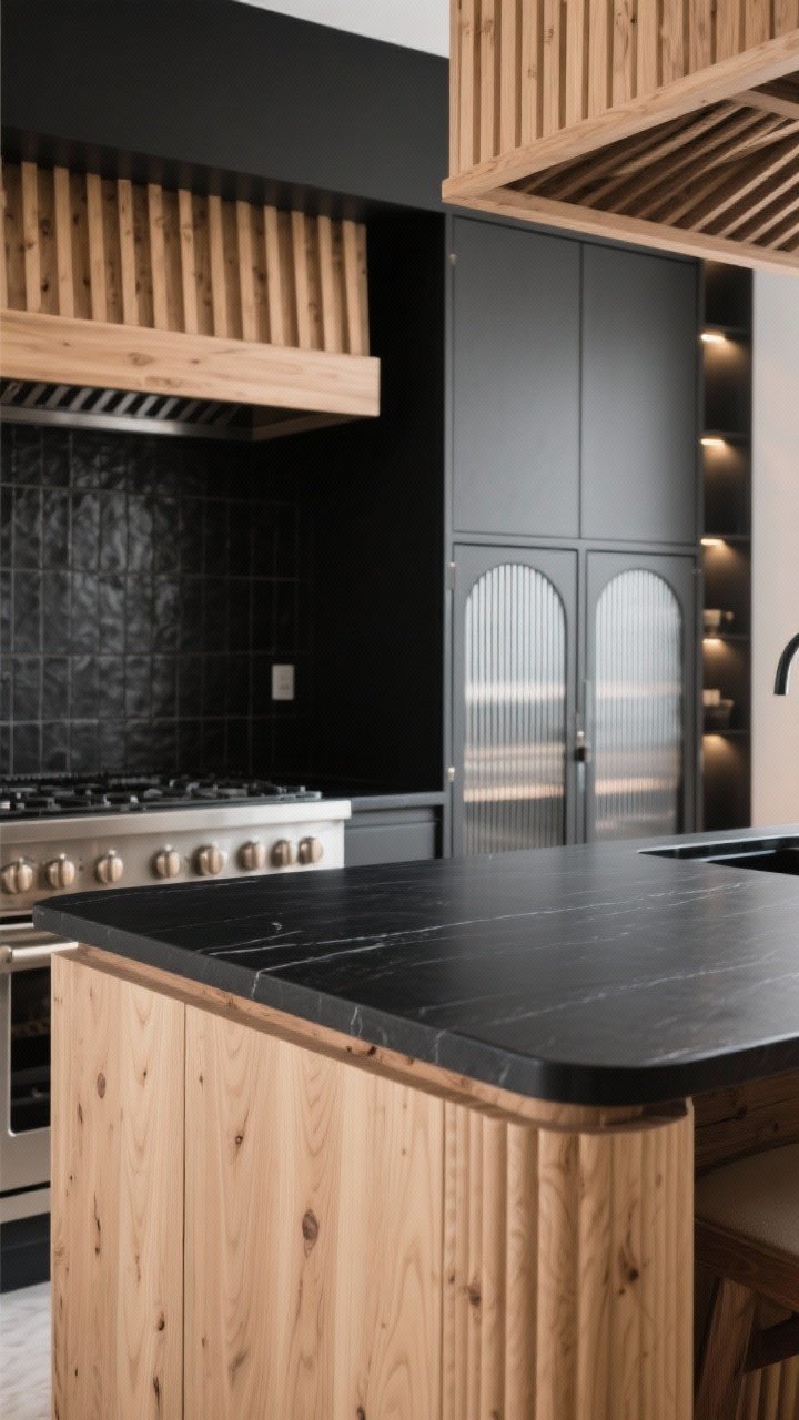 Detail closeup: Textural focus on a fluted wood island base in light oak meeting a honed black countertop, with a slatted wood range hood in the background against charcoal black tile; include a cabinet with fluted glass doors softening the black; side-lighting to accent grooves and ribbing, photorealistic.
