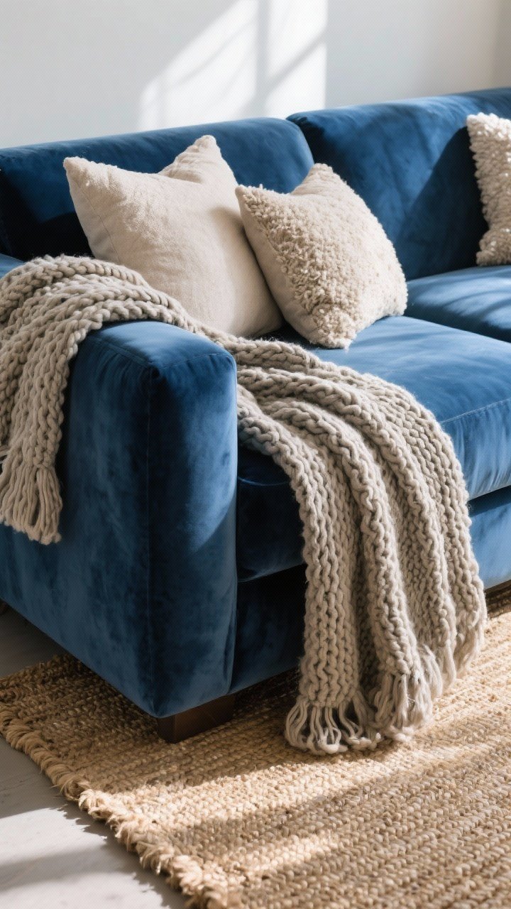 Detail closeup: Textural layering on a blue velvet couch—chunky knit throw draped over the arm, linen and bouclé pillows in neutral tones, and the edge of a natural jute rug beneath; soft natural light rakes across fabrics to highlight contrasting textures; photorealistic.