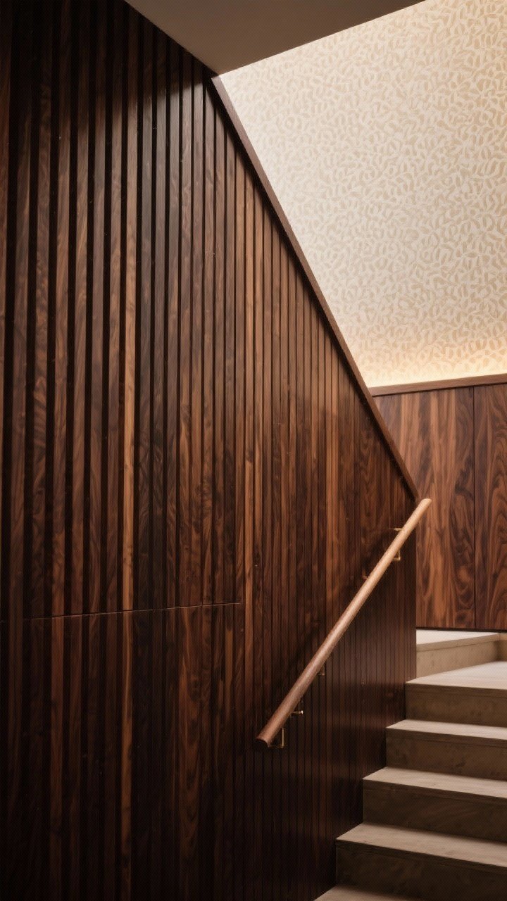 Detail closeup: Vertical wood slats in a dark stained walnut casting gentle shadows along a stair wall, showing depth and texture. Include a small portion of the handrail and a step for context. Adjacent area shows half-wall paneling transitioning to subtle patterned wallpaper above. Soft, warm ambient lighting emphasizes grain and panel lines, photorealistic.