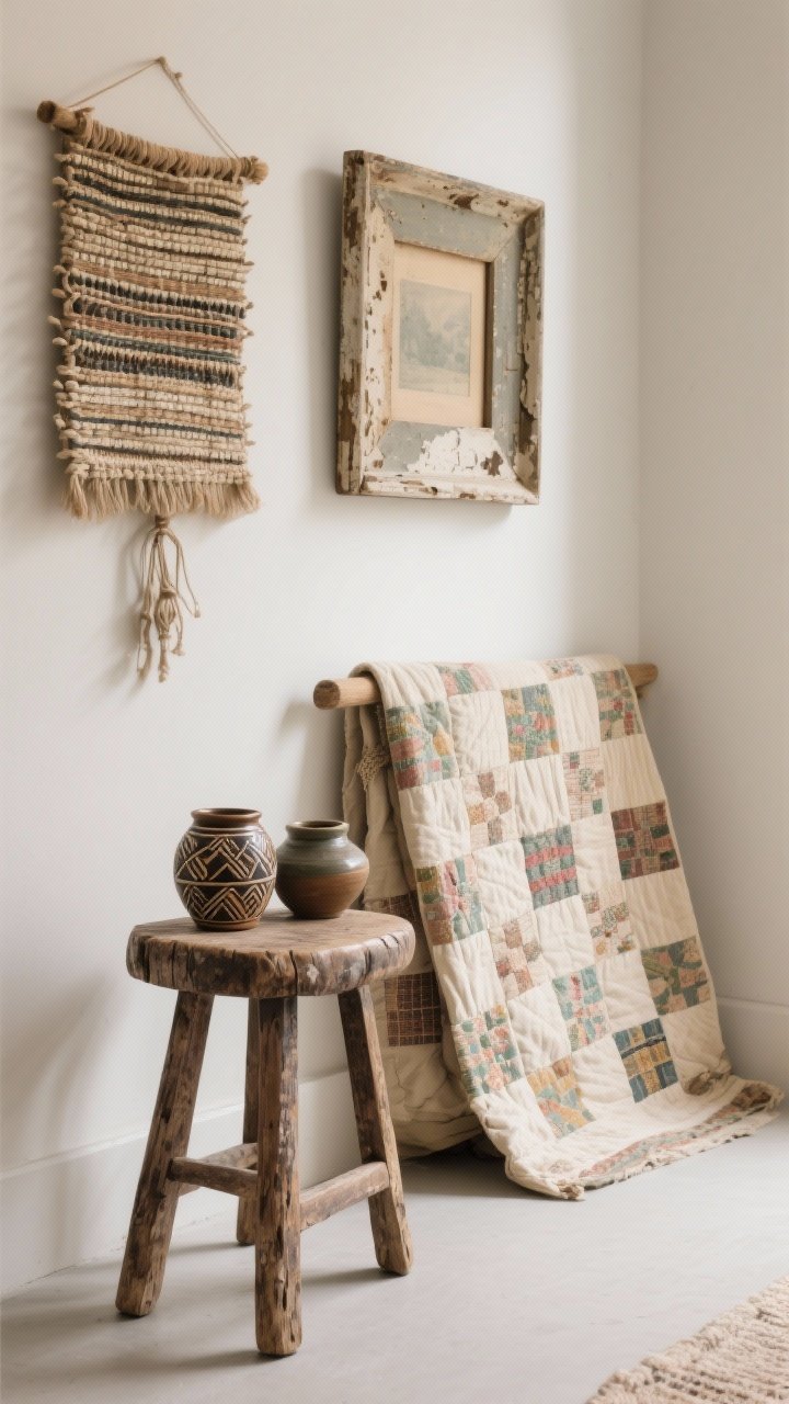 Detail closeup vignette of vintage and handmade finds: a worn wooden stool, fair-trade handmade ceramics, a small piece of woven wall art, a folded heirloom quilt, and an aged picture frame with slight imperfections; mixed with simple modern basics in the background; tactile, storied feel; soft side lighting accentuating patina; photorealistic.