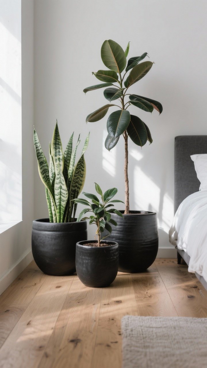 Detail cluster shot: Two to three low-maintenance plants—snake plant, ZZ plant, and a small rubber tree—grouped in matte black and ceramic planters of varying heights. Set on a wood floor beside a bed, with filtered natural light. Clean, modern, and textural without visual clutter.