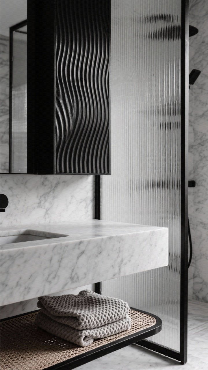 Detail macro shot: Layered textures—closeup of a ribbed/fluted black vanity front beside reeded (fluted) glass shower door; honed marble countertop with soft, matte finish; woven rattan basket edge and a folded waffle towel in black-and-white; soft side lighting raking across surfaces to reveal texture and depth.