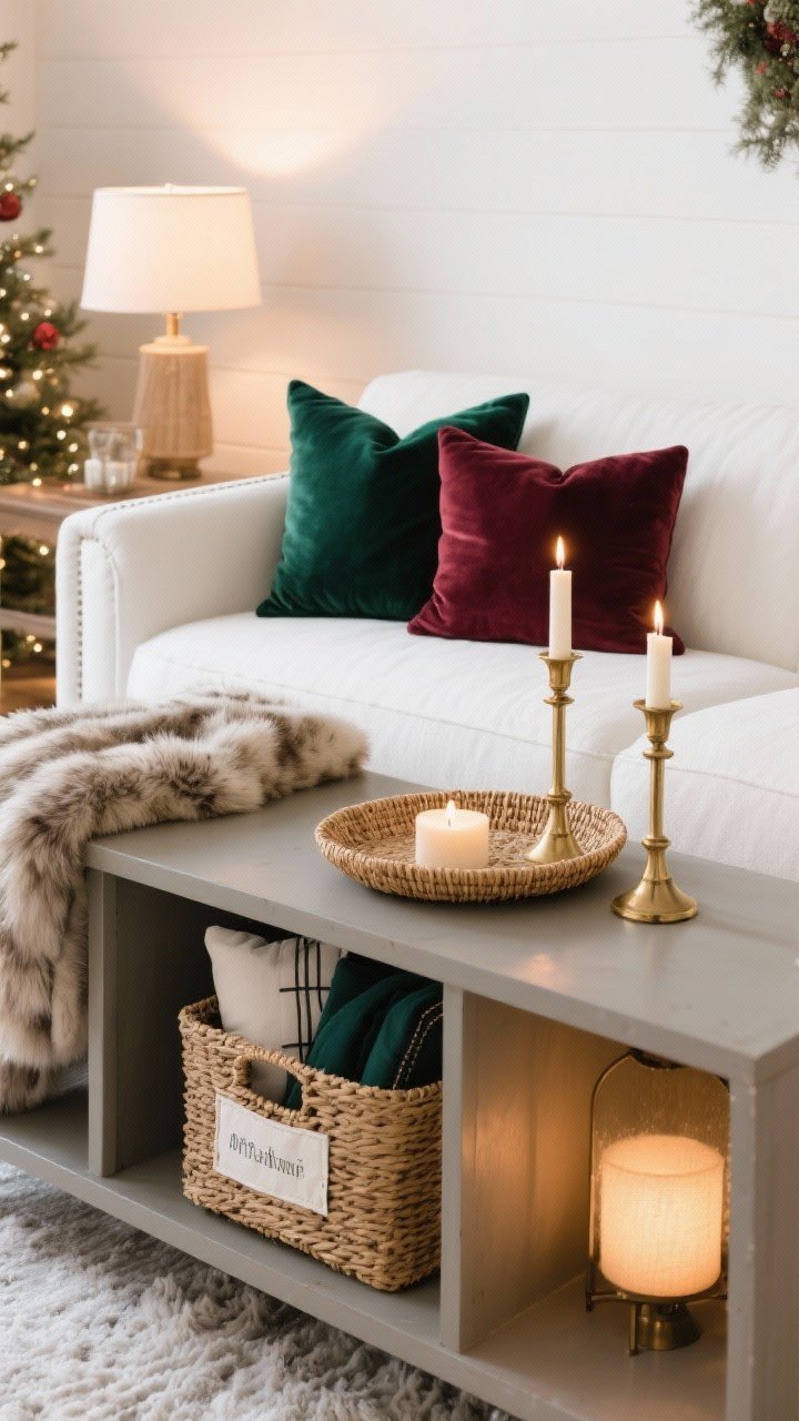 Detail/medium seasonal swap montage: The same white sofa styled for winter—deep jewel-tone pillows (emerald and garnet), a faux fur throw, and brass candlesticks glowing on a seagrass tray; a labeled storage basket with off-season pillow covers tucked under a console; warm lamplight for a cozy, festive feel.