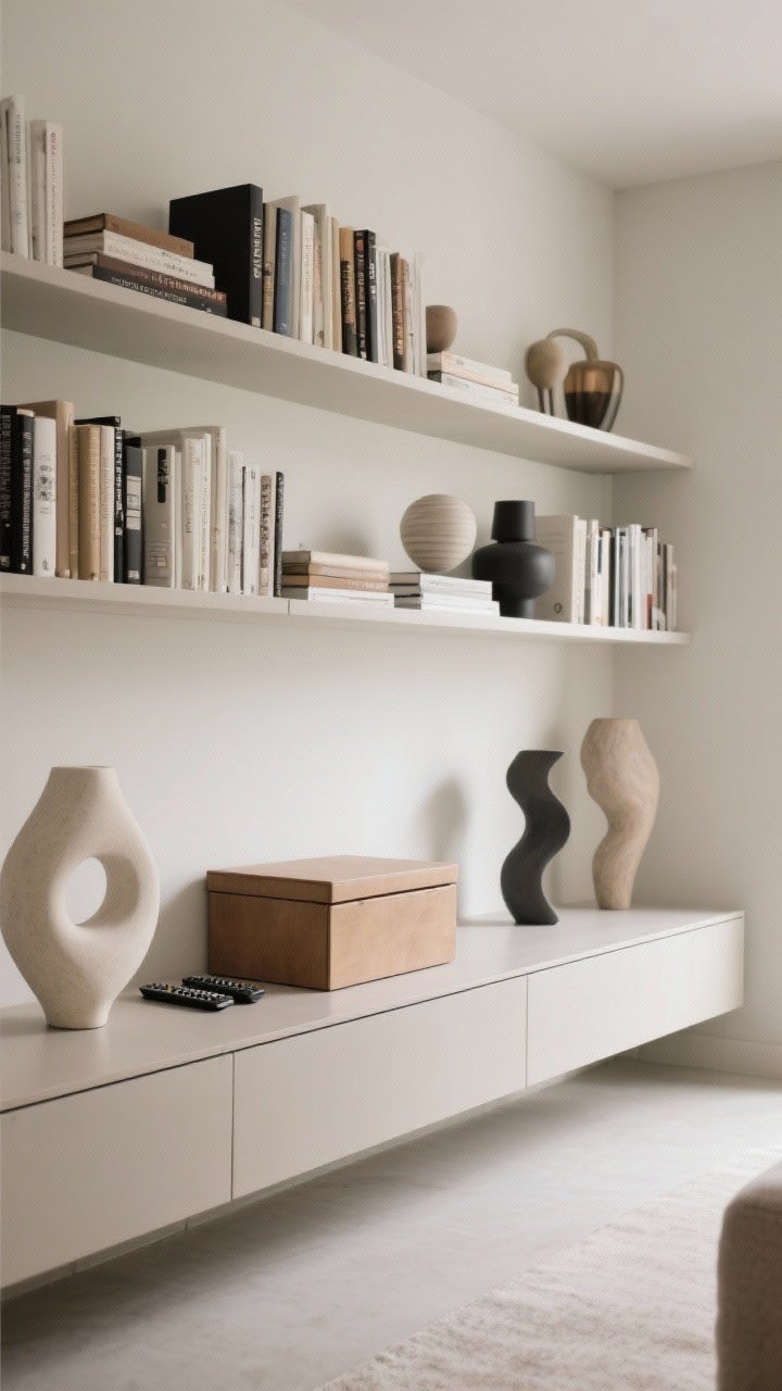 Detail/medium shot focused on intentional editing: a calm bookshelf styled 60% books, 40% objects, grouped in odd numbers; a lidded box hiding remotes on a neutral console; ample negative space around a few sculptural pieces; soft, even lighting to keep the scene tranquil; clean, uncluttered composition.