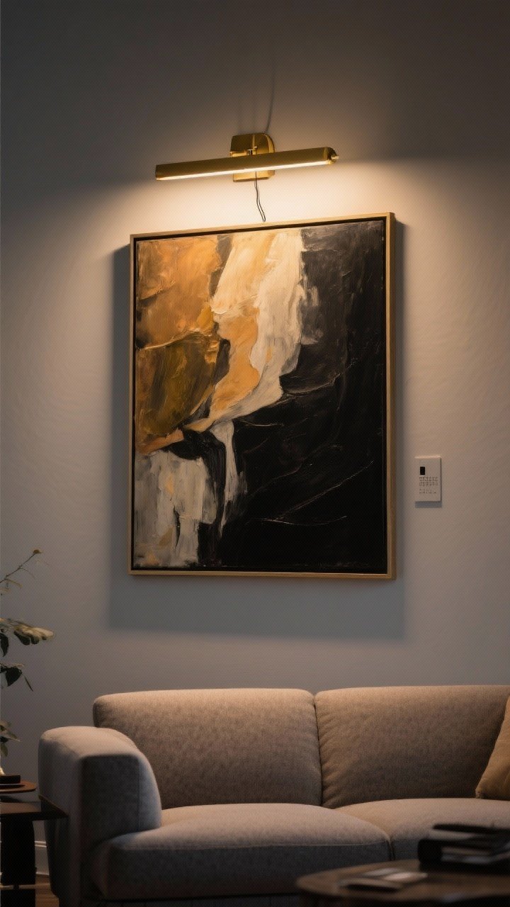 Detail/medium shot of a single large art piece above the couch illuminated by a picture light; the picture light width is about 50–60% of the art; choose a brass light to complement warm palettes or black for modern monochrome; gentle museum-like glow washes over the artwork, enhancing color and texture; battery-operated style implied with no visible cords; night-time or dim ambient lighting to accentuate the glow.