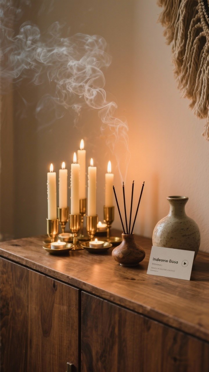 Detail mood shot: Sensory atmosphere—cluster of beeswax taper candles and tea lights in brass holders on a wood credenza, an incense holder emitting gentle smoke (sandalwood/cedar vibe) beside a ceramic diffuser, and a small card with a soft indie/bossa playlist cue. Low, warm lighting for an intimate, cozy boho ambiance.